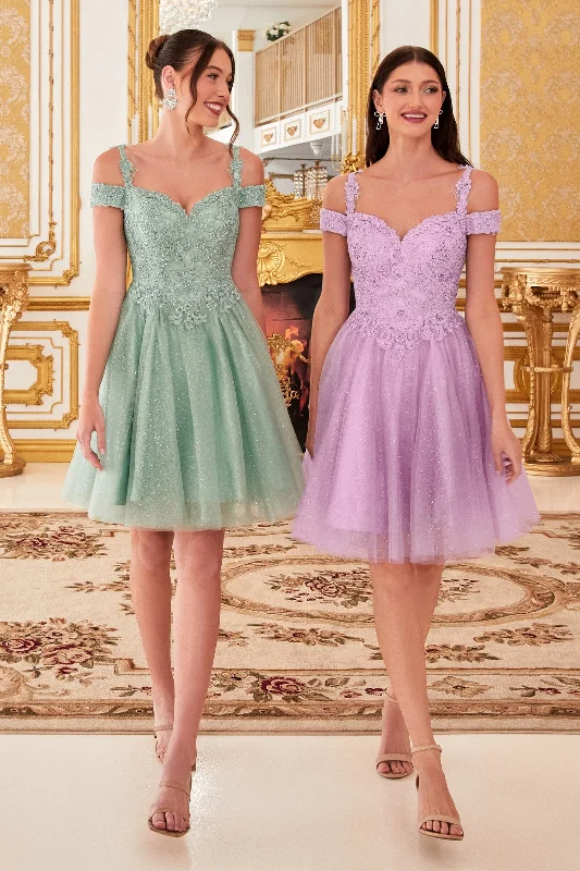 Fitted Formal Dress Short Cold Shoulder Glitter Dress by Cinderella Divine CD0132 - Outlet Fitted Formal Dress Short Cold Shoulder Glitter Dress by Cinderella Divine CD0132 - Outlet