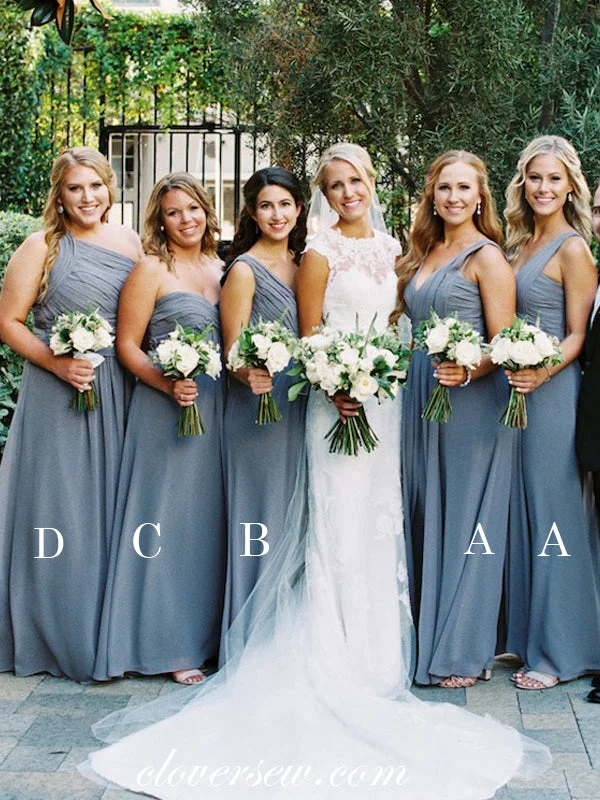 Bold Print Formal Dress Sky Blue Chiffon A-line Mismatched Pleating Long Bridesmaid Dresses, CB0027