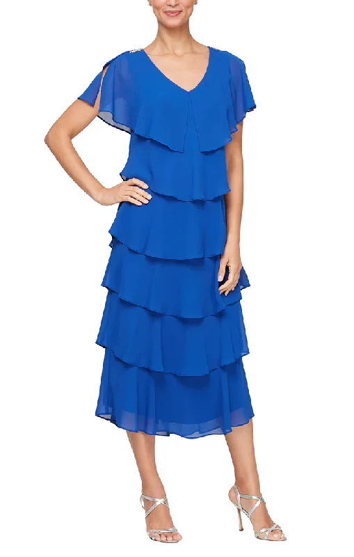 One-Shoulder Satin Dress SL Fashions 9178117 Tea Length Tiered Cocktail Dress