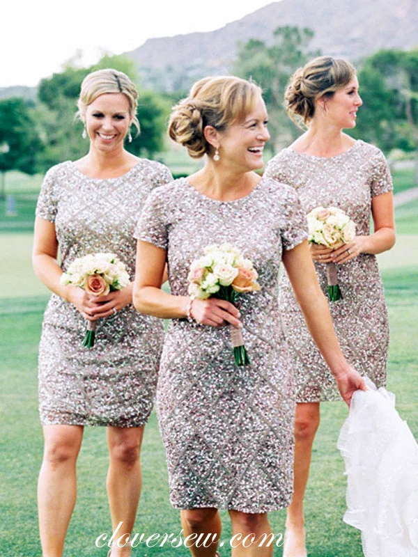 Fashionable Formal Dress Sparkly Lilac Sequin Bead Short Sleeves Sheath Knee Length Bridesmaid Dresses, CB0042 Fashionable Formal Dress Sparkly Lilac Sequin Bead Short Sleeves Sheath Knee Length Bridesmaid Dresses, CB0042
