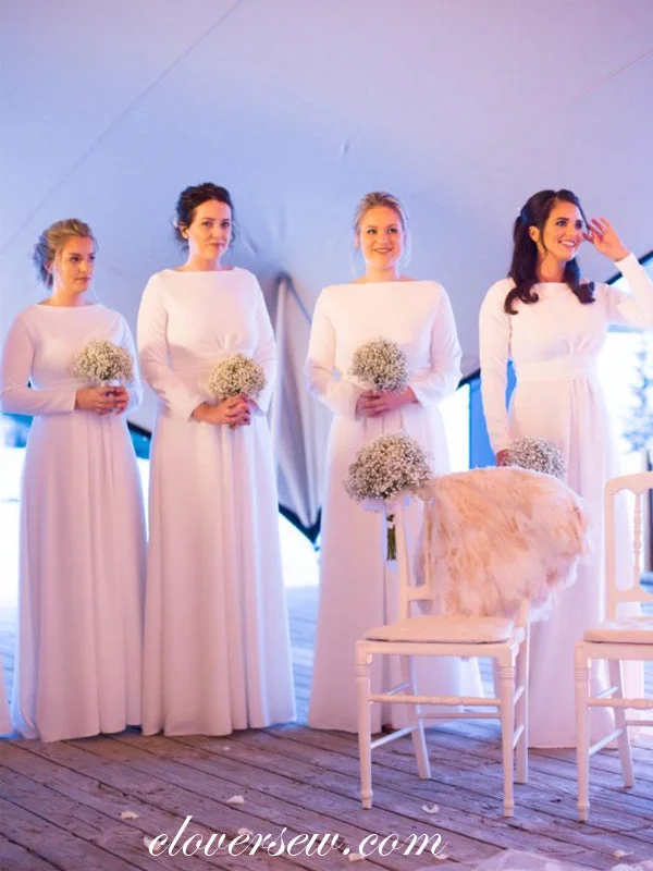Ethereal Formal Gown White Jersey Chiffon Long Sleeves A-line Long Bridesmaid Dresses, CB0004 Ethereal Formal Gown White Jersey Chiffon Long Sleeves A-line Long Bridesmaid Dresses, CB0004