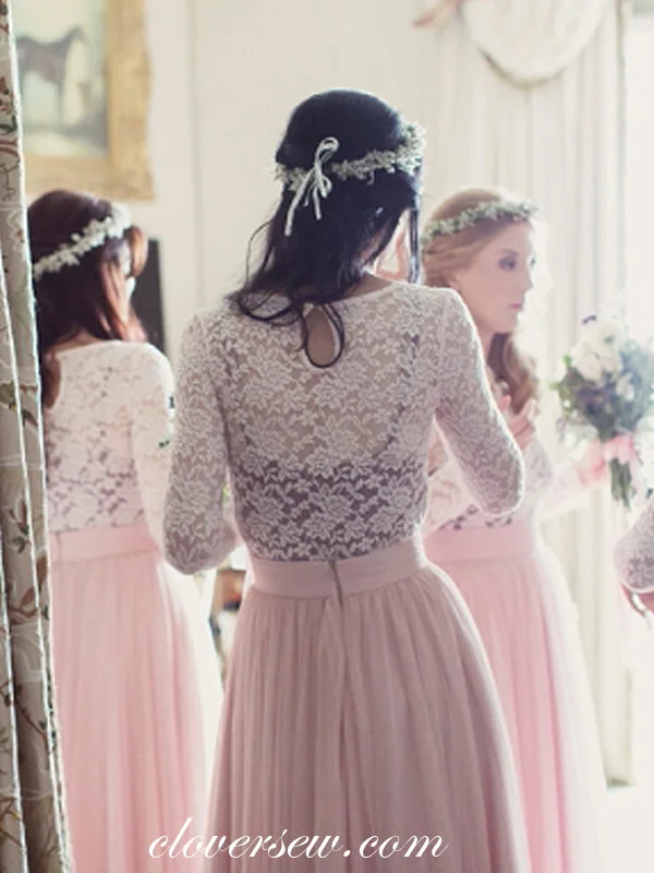 Off-White Gown White Lace Pink Tulle Long Sleeves A-line Bridesmaid Dresses, CB0055 Off-White Gown White Lace Pink Tulle Long Sleeves A-line Bridesmaid Dresses, CB0055