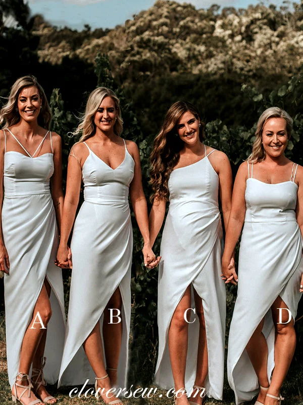Dainty Chiffon Dress White Satin Chiffon Mismatched Spaghetti Strap High Low Long Bridesmaid Dresses, CB0049 Dainty Chiffon Dress White Satin Chiffon Mismatched Spaghetti Strap High Low Long Bridesmaid Dresses, CB0049