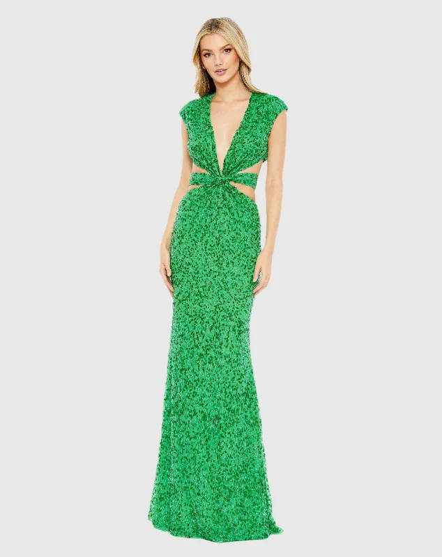 Burgundy Maxi Dress Sequined Cap Sleeve Plunge Neck Cut Out Gown