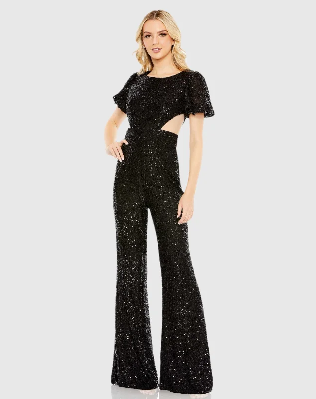 Modern Tulle Dress Black Sequined Puff Shoulder Illusion Cut Out Jumpsuit - FINAL SALE