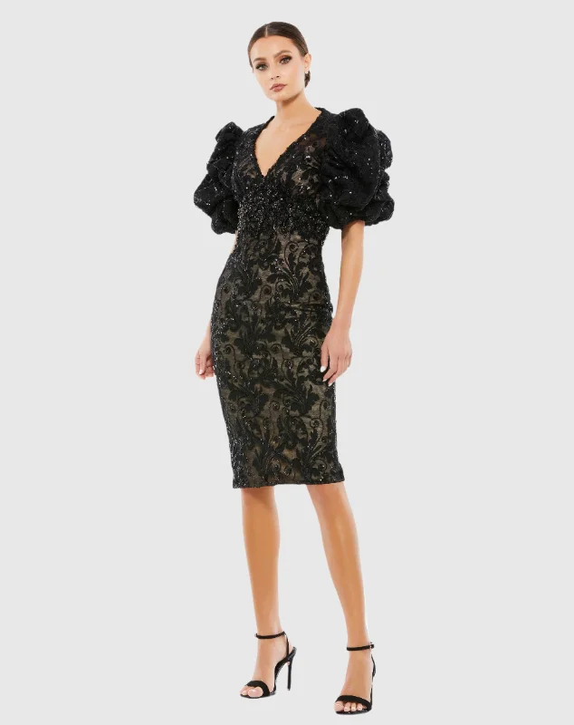 Dazzling Evening Dress Embellished Puff Sleeve Plunge Neck Dress