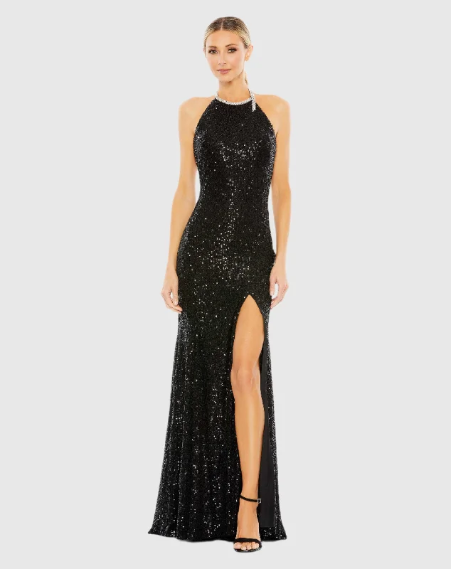 Floral Embroidery Dress Sequined High Neck Rhinestone Trim Column Gown