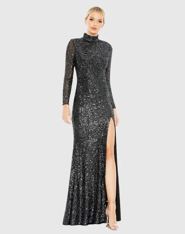 Polka Dot Gown Sequined High Neck Long Sleeve Lace Up Gown - FINAL SALE