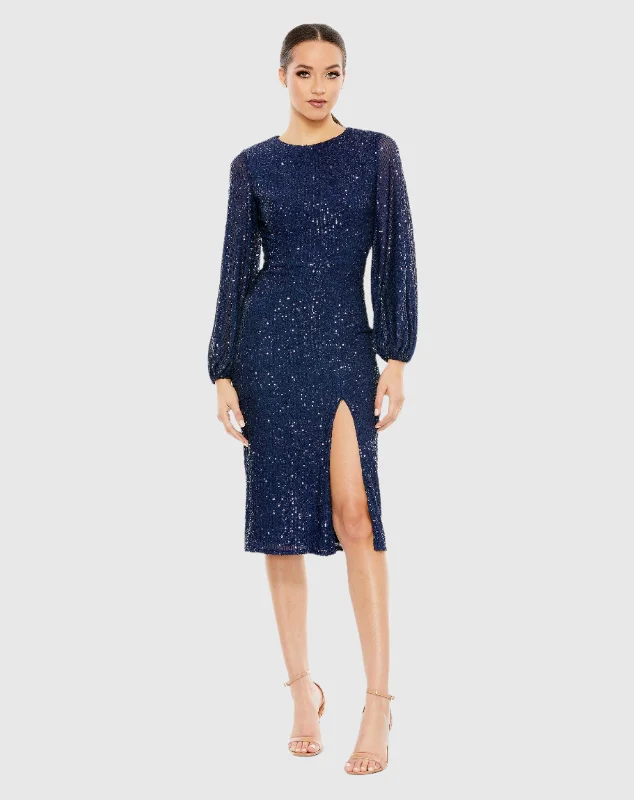 Navy Blue Gown Sequined Puff Sleeve High Neck Dress - FINAL SALE