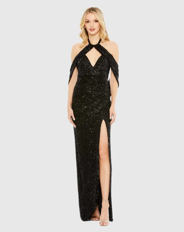 Royal Inspired Gown Sequined Draped Sleeveless Keyhole Cowl Back Gown