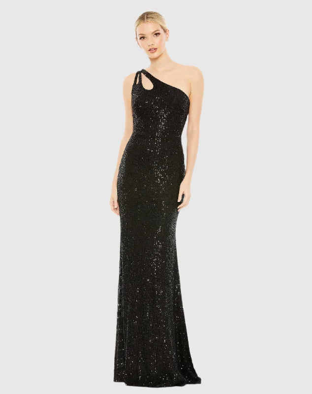 Draped Satin Gown Sequined Strappy One Shoulder Column Gown
