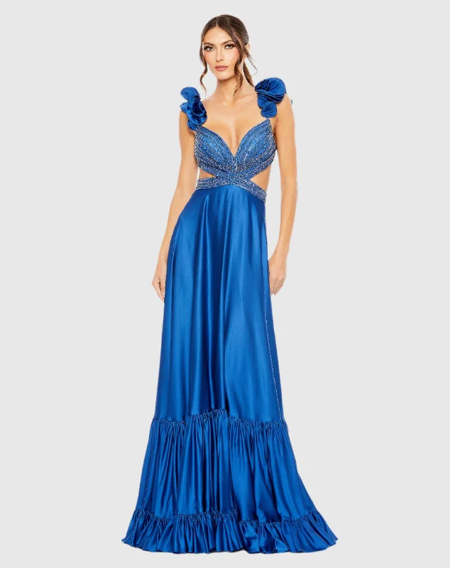 Lush Satin Gown Beaded Cross Cut Out Ruffled Strap A Line Gown