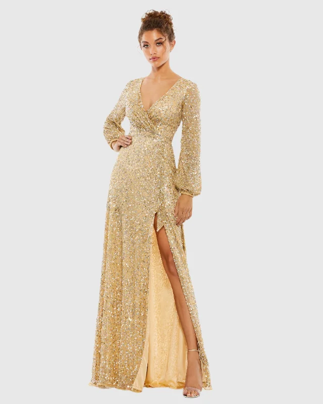 Gold Embellished Gown Multi-Colored Sequin Long Sleeve Gown