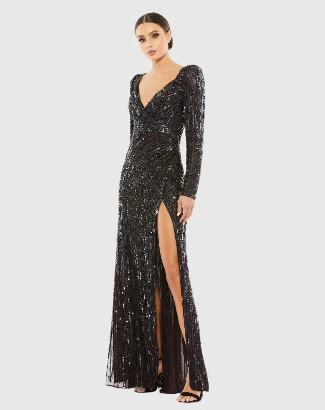 Crystal Beaded Dress Sequined Sweetheart Long Sleeve Gown