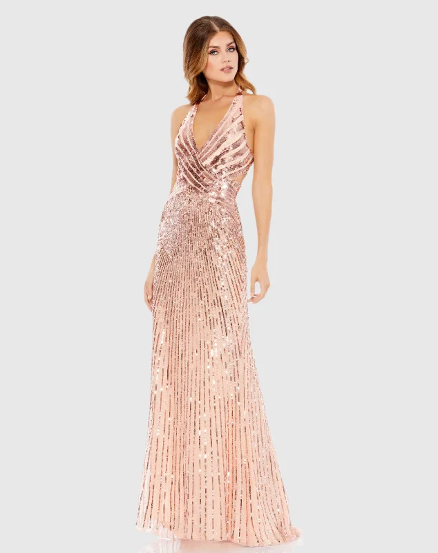 Unique Cocktail Dress Sleeveless Faux Wrap Sequin Embellished Cut Out Back