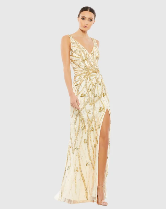 Halter Gown Beaded Sleeveless V Neck Gown