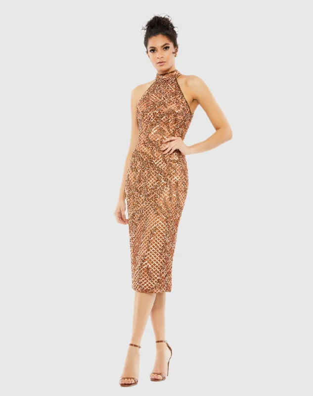 Stunning Applique Dress Bronze Embellished Halter Midi Dress