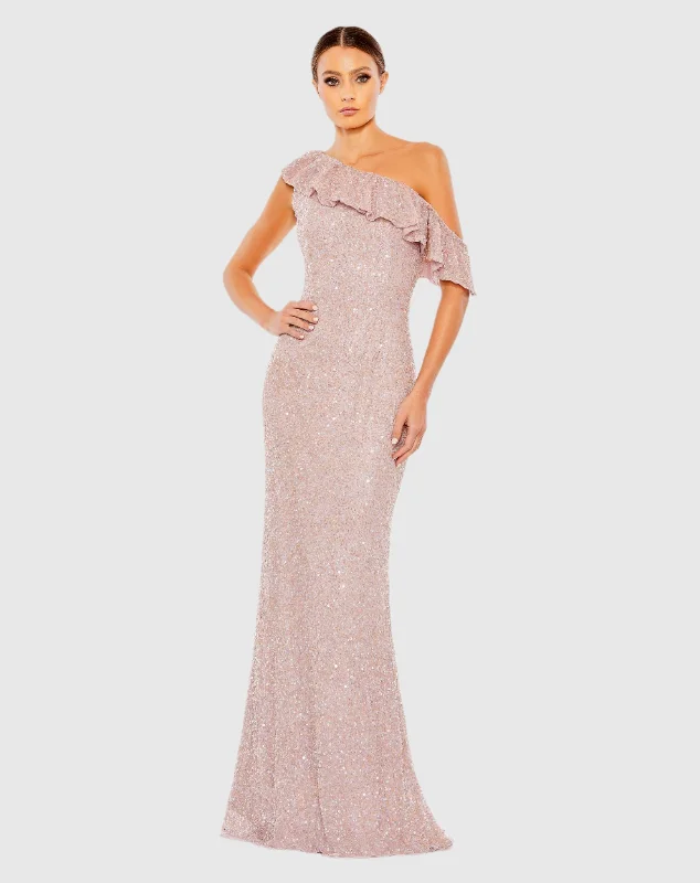 Puffy Sleeve Dress Sequined Drop Shoulder Trumpet Gown