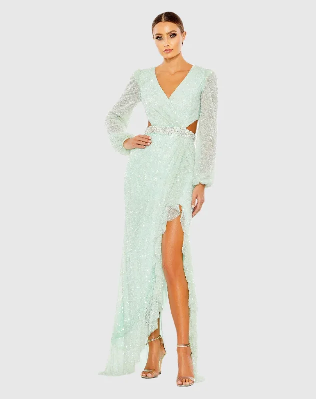 Midnight Blue Gown Sequined Faux Wrap Cut Out Puff Sleeve Gown