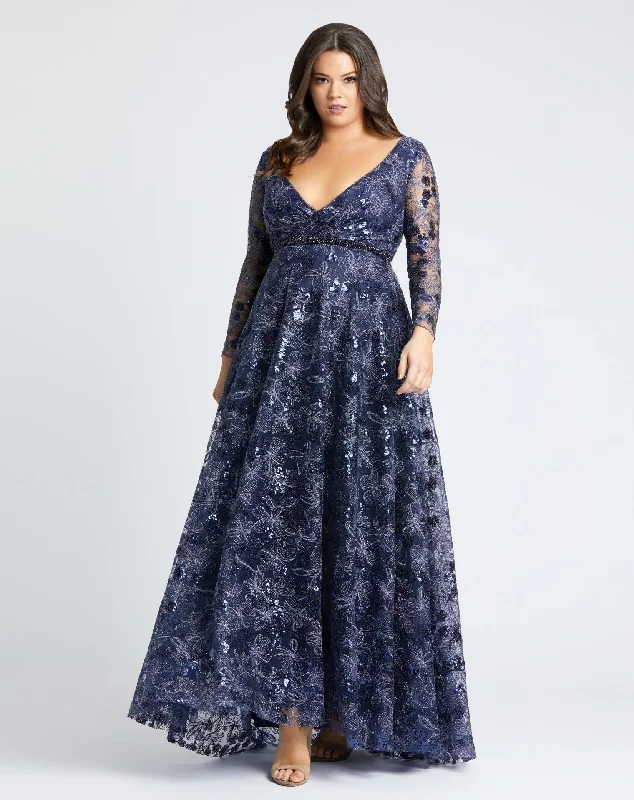 Winter Ball Gown Embellished Illusion Long Sleeve Wrap Over A Line Gown