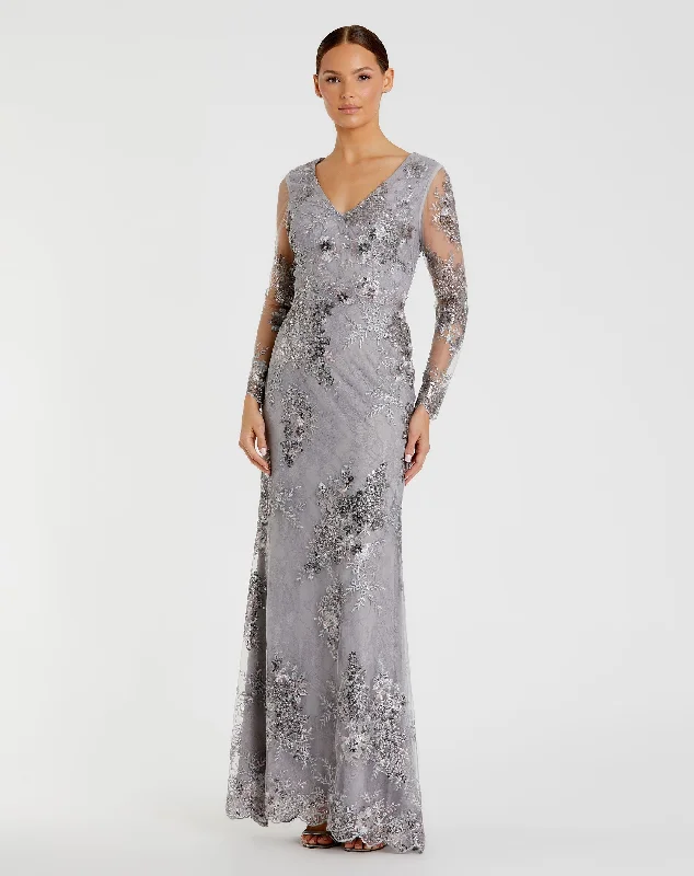 Fashionable Formal Dress Embellished V Neck Illusion Long Sleeve Gown