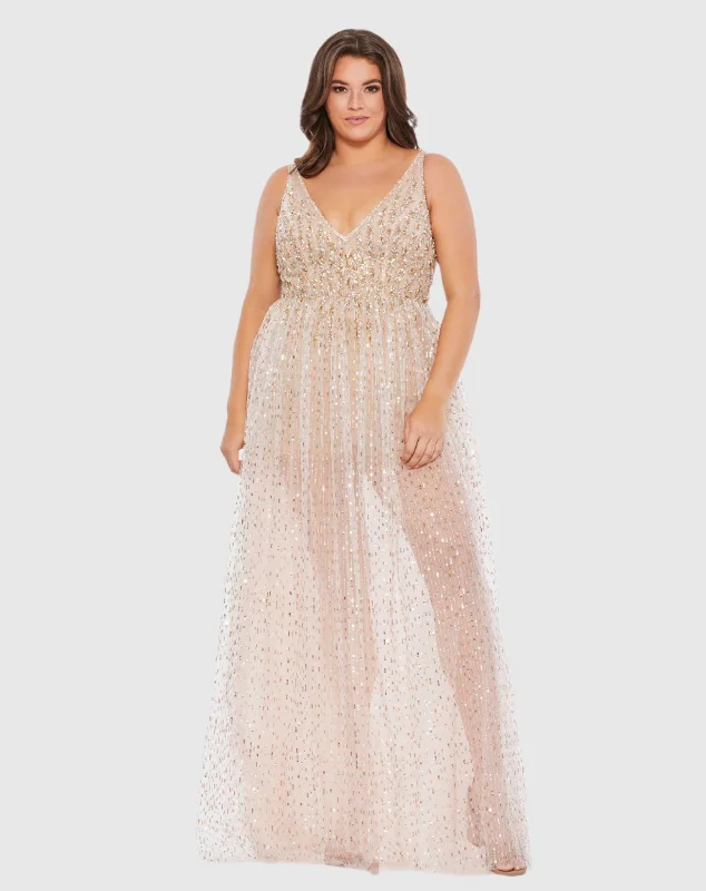 Applique Gown Beaded Sleeveless V Neck Sheer Overlay Romper (Plus)