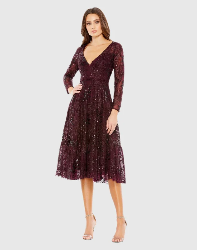 Stunning Silk Gown Lace Embellished Long Sleeve Ruffle Hem Dress - FINAL SALE