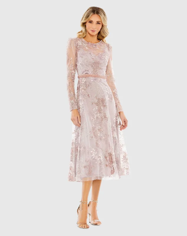 Dreamy Wedding Gown Embellished Illusion Long Sleeve Midi Dress