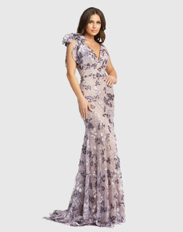 Fancy Evening Dress Embellished Sleeveless Bow Shoulder V Neck Trumpet Gown