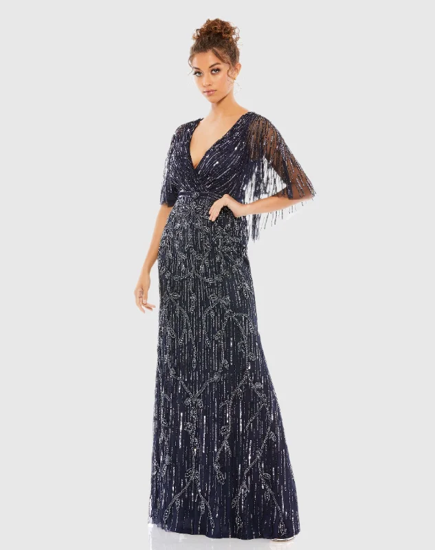 Statement Prom Dress Embellished Cap Sleeve Faux Wrap Trumpet Gown