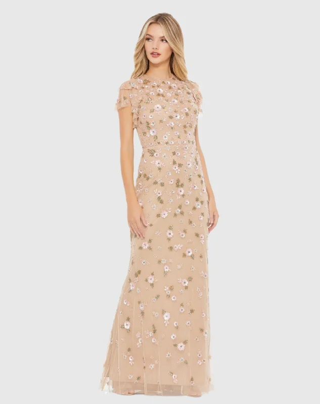 Timeless Satin Dress Embellished High Neck Flutter Sleeve Gown