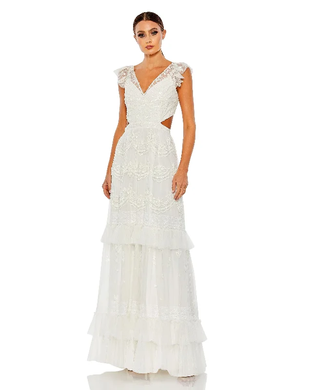 Elegant Beaded Dress Sequined Ruffled Cap Sleeve Cut Out Tiered Gown - FINAL SALE
