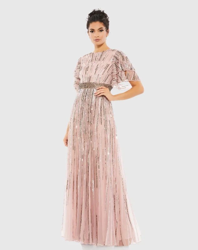 Luxe Embroidered Gown Embellished Full Length Layered Sleeve Gown