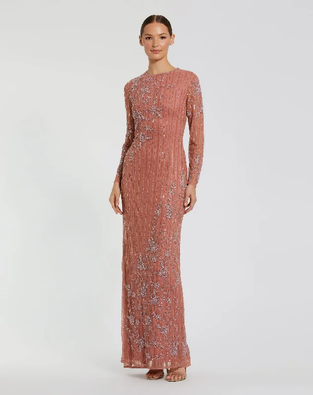 Red Carpet Dress Pink Embellished High Neck Illusion Long Sleeve Gown