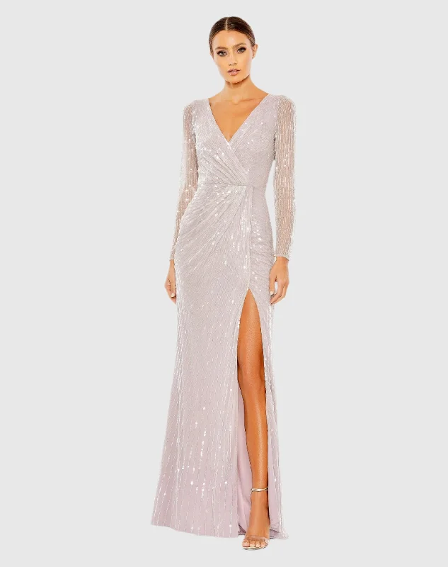Ruched Velvet Dress Sequined Faux Wrap Long Sleeve Gown