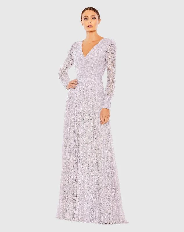 Floor-Length Satin Dress Light Purple Beaded Lace Long Sleeve Wrap Over Gown - FINAL SALE