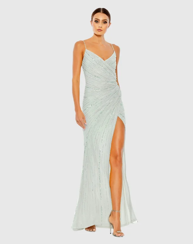 Bold Red Dress Beaded Sleeveless Faux Wrap Gown