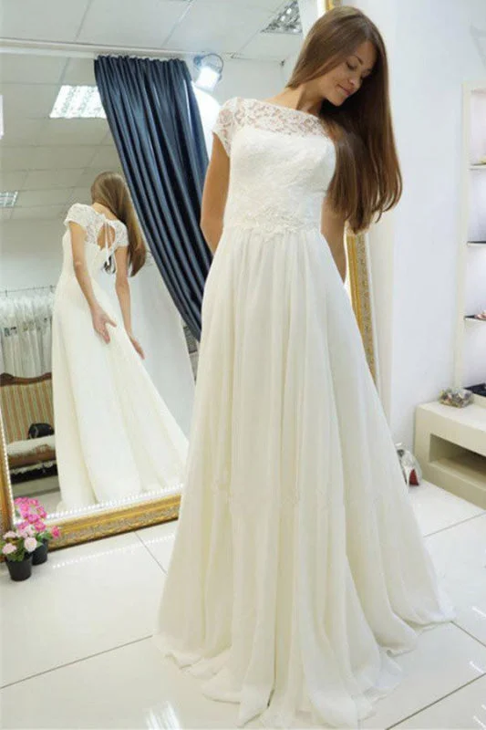 Romantic Soft Satin Dress A-line Beach Gown Sweep Train Cap Sleeves Wedding Dress