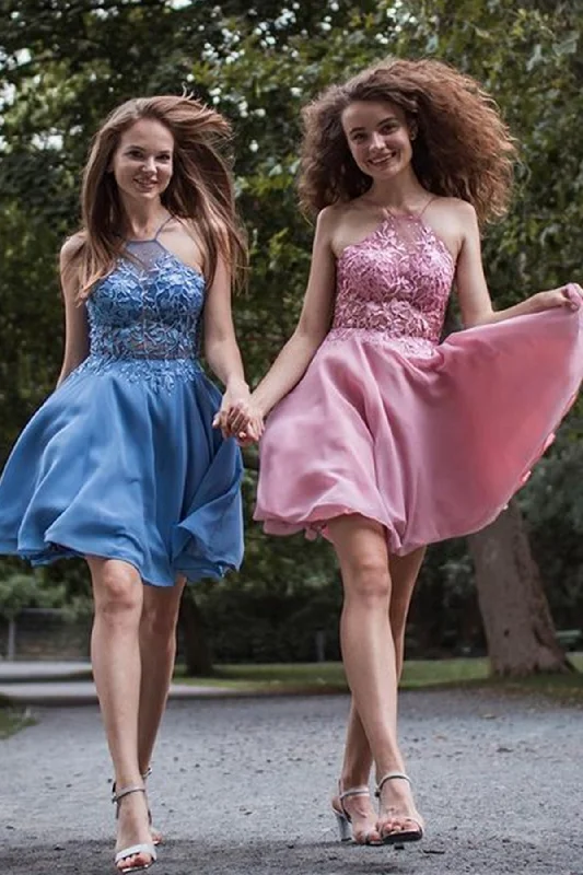 Halter Gown A Line Blue/Pink Lace Short Prom Homecoming Dresses, Blue/Pink Lace Formal Graduation Evening Dresses WT1022 Halter Gown A Line Blue/Pink Lace Short Prom Homecoming Dresses, Blue/Pink Lace Formal Graduation Evening Dresses WT1022