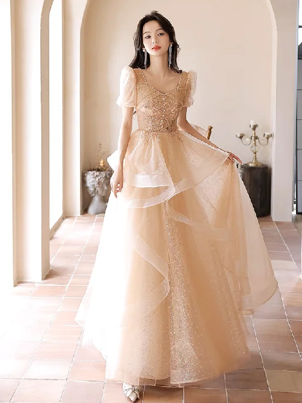Elegant Tulle Gown A-Line Champagne Tulle Lace Long Prom Dress, Champagne Long Formal Dress Elegant Tulle Gown A-Line Champagne Tulle Lace Long Prom Dress, Champagne Long Formal Dress