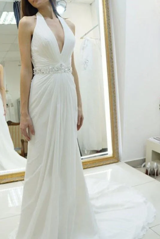 Stunning Applique Dress A-line Halter Chiffon Backless Court Train Beach Wedding Dress Stunning Applique Dress A-line Halter Chiffon Backless Court Train Beach Wedding Dress