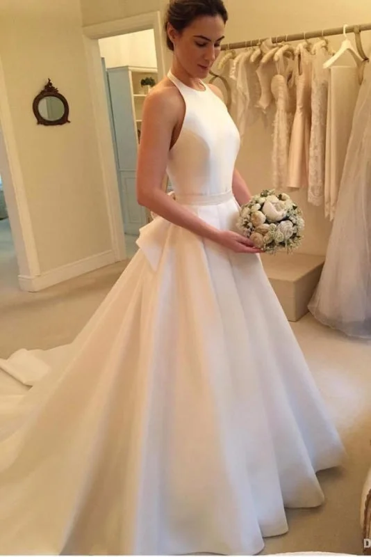 Dramatic Ball Gown A Line Halter Satin Simple Backless Sleeveless Wedding Dress with Bow Dramatic Ball Gown A Line Halter Satin Simple Backless Sleeveless Wedding Dress with Bow