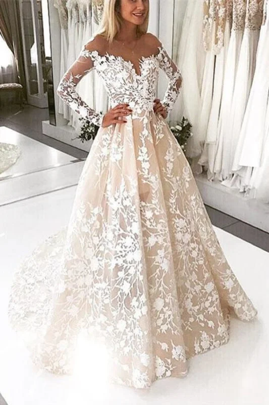 Gorgeous Party Dress A Line Lace Tulle Open Back Long Sleeves Wedding Dress