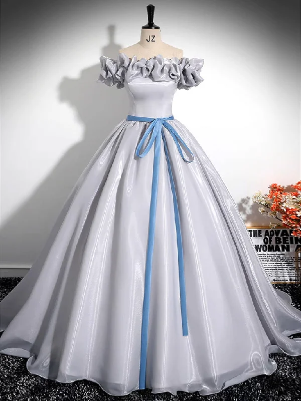 Artistic Embroidered Dress A-Line Off Shoulder Gray Satin Long Prom Dress, Gray Long Formal Dress Artistic Embroidered Dress A-Line Off Shoulder Gray Satin Long Prom Dress, Gray Long Formal Dress
