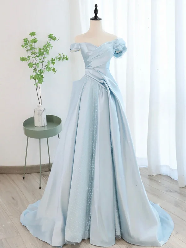 Vivid Color Gown A-Line Off Shoulder Satin Tulle Blue Long Prom Dress, Blue Long Formal Dress Vivid Color Gown A-Line Off Shoulder Satin Tulle Blue Long Prom Dress, Blue Long Formal Dress