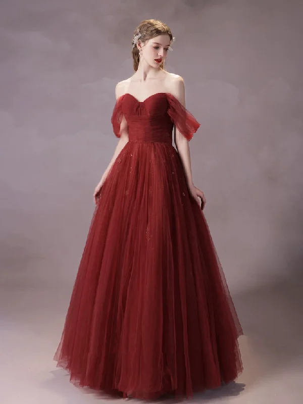 Striking Red Gown A-Line Off Shoulder Tulle Burgundy Long Prom Dress, Burgundy Long Formal Dress Striking Red Gown A-Line Off Shoulder Tulle Burgundy Long Prom Dress, Burgundy Long Formal Dress