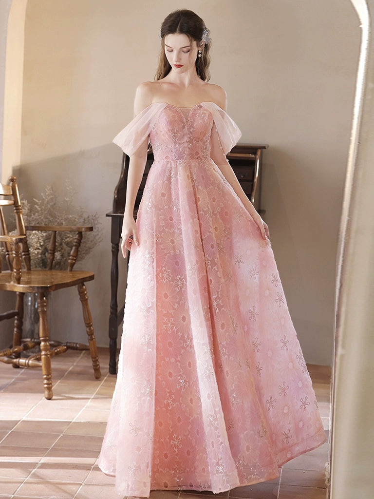 Asymmetrical Gown A-Line Off Shoulder Tulle Lace Pink Long Prom Dress, Pink Lace Evening Dress Asymmetrical Gown A-Line Off Shoulder Tulle Lace Pink Long Prom Dress, Pink Lace Evening Dress