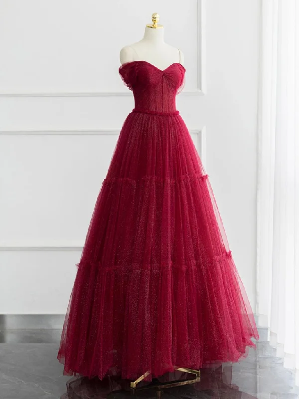 Exquisite Couture Dress A-line Off Shoulder Tulle Shiny Burgundy Long Prom Dress, Burgundy Long Formal Dress Exquisite Couture Dress A-line Off Shoulder Tulle Shiny Burgundy Long Prom Dress, Burgundy Long Formal Dress