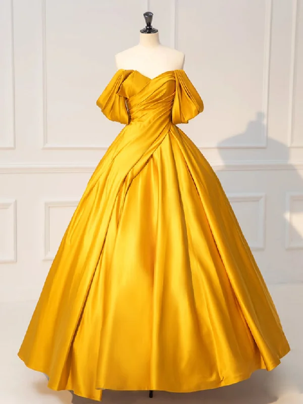 Empire Waist Gown A-Line Off Shoulder Yellow Long Prom Dress, Yellow Satin Long Evening Dress Empire Waist Gown A-Line Off Shoulder Yellow Long Prom Dress, Yellow Satin Long Evening Dress