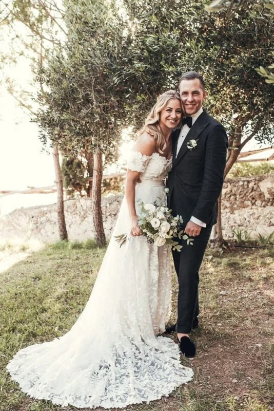 Polished Formal Dress A Line Off the Shoulder Lace Short Sleeve Backless Long Beach Wedding Dress Polished Formal Dress A Line Off the Shoulder Lace Short Sleeve Backless Long Beach Wedding Dress